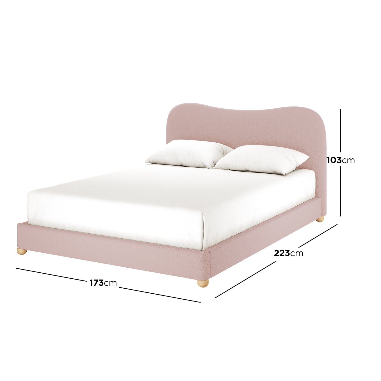 Ginnie Queen Curved Bouclé Cloud Bed Frame in Pink features a soft pink upholstered headboard, white mattress, and pillows, supported by round wooden feet, showcasing its elegant design and dimensions.