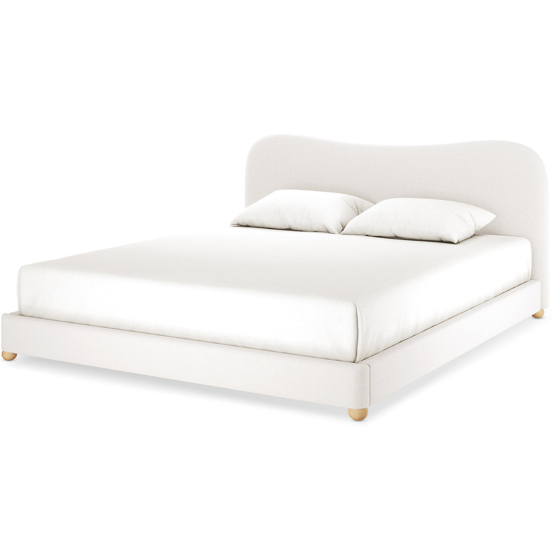 Ginnie Curved Bouclé Bed Frame - Cream White Super King features a low-profile design with an off-white upholstered frame, rounded wooden feet, and a 13cm curved headboard, complemented by a plain white mattress and pillows.