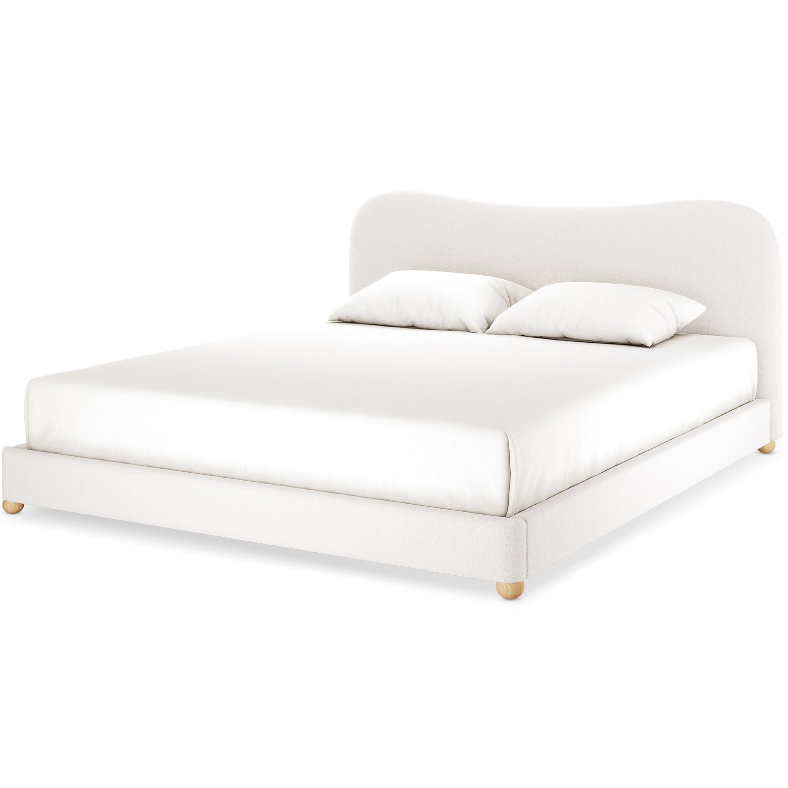 Ginnie Curved Bouclé Bed Frame - Cream White Super King features a low-profile design with an off-white upholstered frame, rounded wooden feet, and a 13cm curved headboard, complemented by a plain white mattress and pillows.