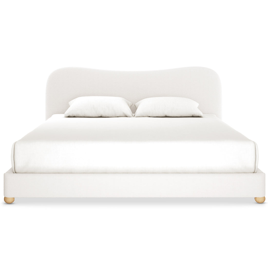 Ginnie Curved Bouclé Bed Frame - Cream White, featuring a modern low-profile design with a gently curved headboard, platform base on wooden legs, and adorned with white bedding and pillows.