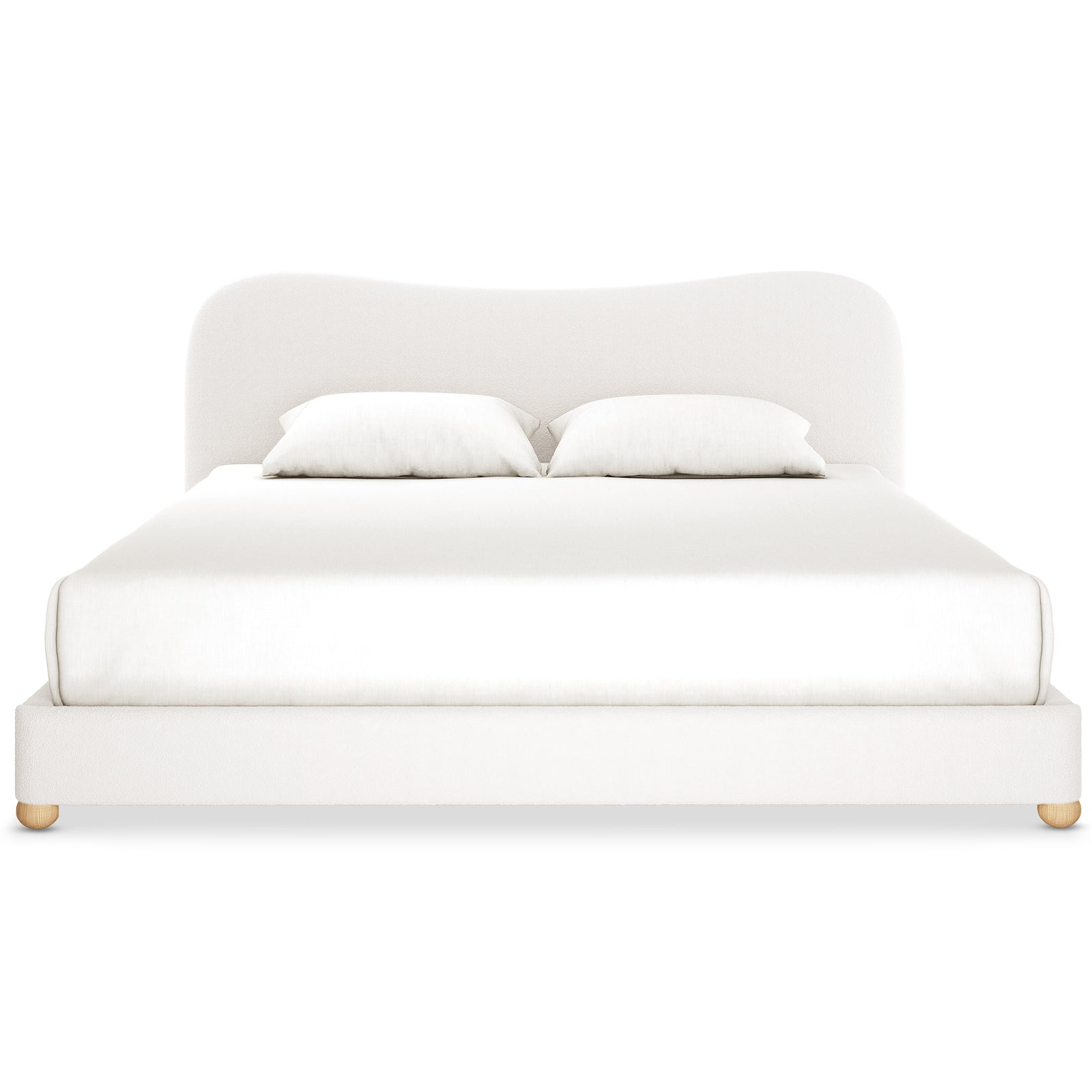 Ginnie Curved Bouclé Bed Frame - Cream White, featuring a modern low-profile design with a gently curved headboard, platform base on wooden legs, and adorned with white bedding and pillows.