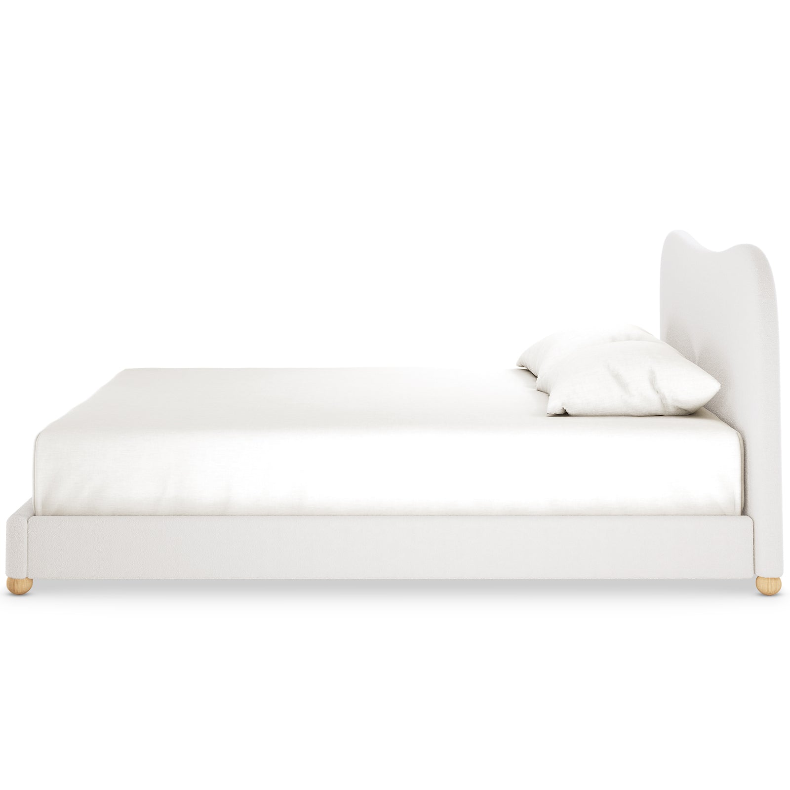 Ginnie Curved Bouclé Bed Frame - Cream White Super King features a minimalist design with a curved headboard, rectangular frame, and short wooden legs, offering a luxurious and serene bedroom atmosphere.