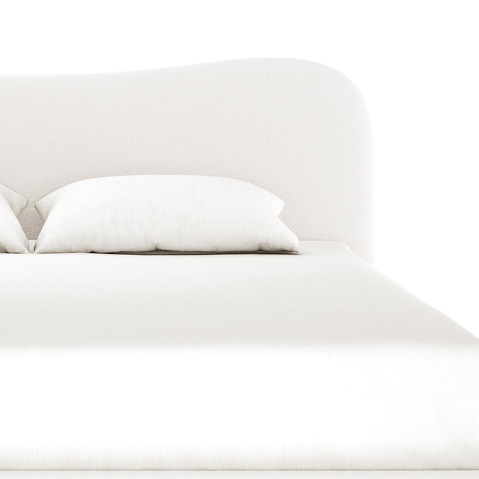 Ginnie Curved Bouclé Bed Frame - Cream White features a softly curved headboard with a plush bouclé texture, a neatly made mattress, and two white pillows, creating a serene bedroom setting.