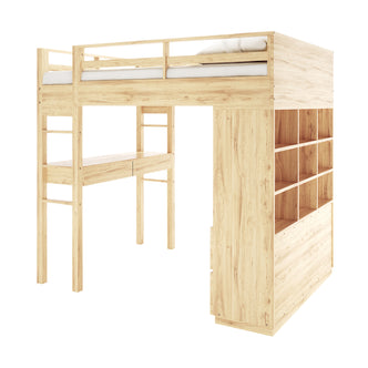 Gio Loft Bed with Cabinet and Desk King Single Natural, showcasing a wooden bunk bed with integrated shelves, desk, and ladder, designed for maximizing space in compact bedrooms.