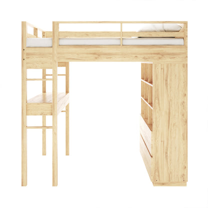 Gio Loft Bed with Cabinet and Desk King Single Natural features a wooden bunk structure with integrated shelves, a study desk, and ladder, showcasing its multifunctional design ideal for compact spaces.