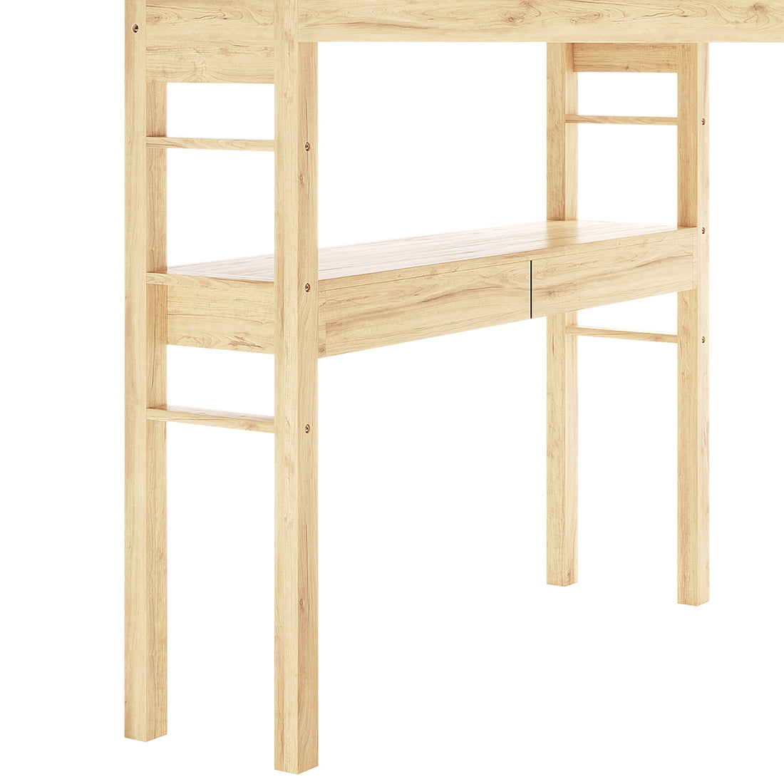 Gio Loft Bed with Cabinet and Desk King Single Natural, showcasing a close-up of its wooden surface, highlighting the solid pine construction and sleek design ideal for compact living spaces.