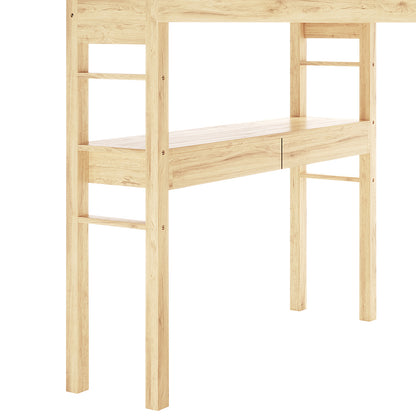 Gio Loft Bed with Cabinet and Desk King Single Natural, showcasing a close-up of its wooden surface, highlighting the solid pine construction and sleek design ideal for compact living spaces.