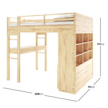 Gio Loft Bed with Cabinet and Desk King Single Natural featuring a wooden bunk bed with integrated shelves and a desk, showcasing a practical, space-saving design ideal for small rooms or shared spaces.