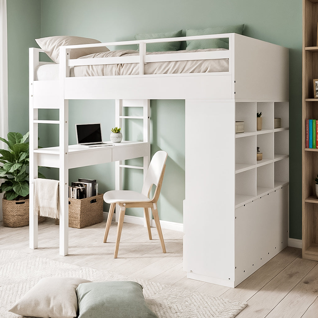 Gio Wooden King Single Loft Bed with Storage & Desk in White, featuring an elevated bed, study desk, shelving units, and a sturdy ladder, all set against a muted sage wall with framed prints.