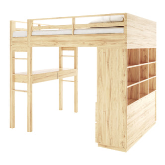 Gio Double Wooden Storage Loft Bed with Desk in Natural features a raised bed with guardrails, built-in ladder, integrated desk with drawers, and a tall shelving unit, ideal for compact spaces.