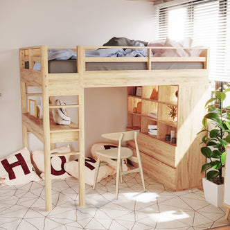 Gio Double Wooden Storage Loft Bed with Desk in Natural features a single mattress, built-in shelving, and a desk below, with a ladder access, ideal for maximizing bedroom space.