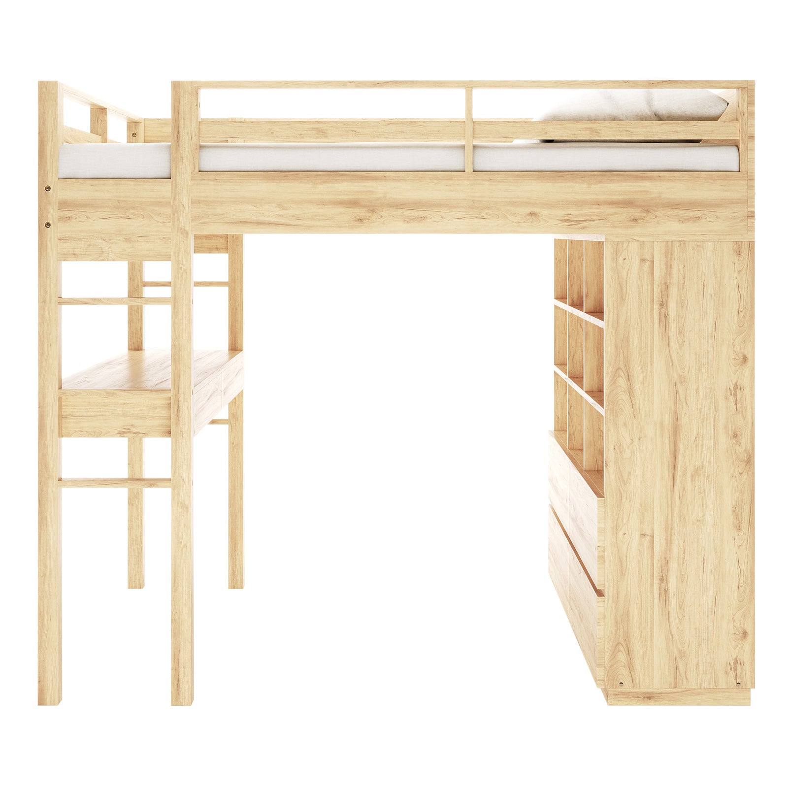 Gio Double Wooden Storage Loft Bed with Desk in Natural, showcasing a light wood frame with built-in ladder, integrated desk, cubby shelves, and two drawers, optimizing space for work and storage.