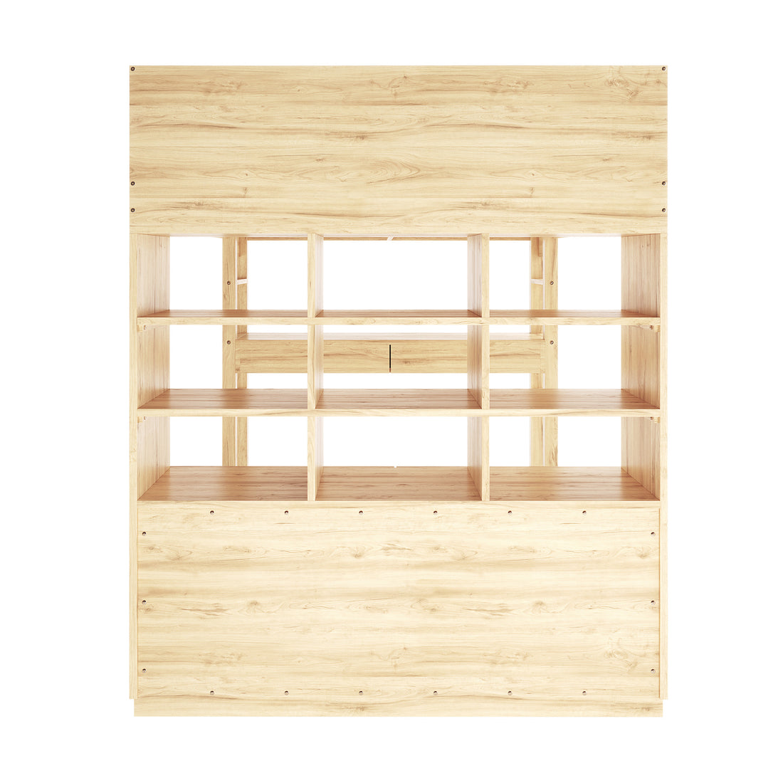 Gio Double Wooden Storage Loft Bed with Desk in Natural, showcasing a tall, freestanding shelving unit with a grid of empty cubby-style compartments, framed by solid wood panels at the top and bottom.