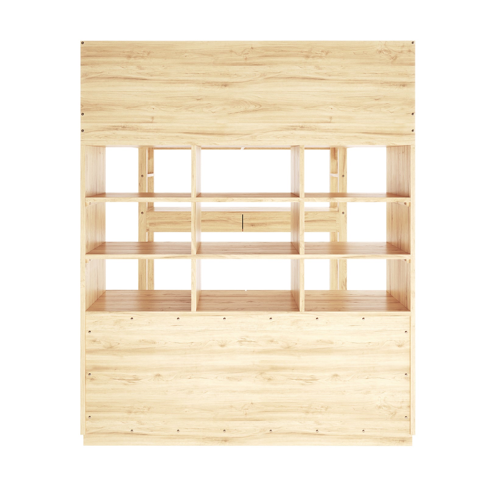 Gio Double Wooden Storage Loft Bed with Desk in Natural, showcasing a tall, freestanding shelving unit with a grid of empty cubby-style compartments, framed by solid wood panels at the top and bottom.