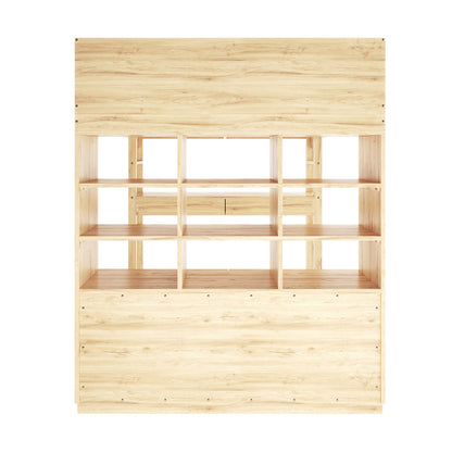 Gio Double Wooden Storage Loft Bed with Desk in Natural, showcasing a tall, freestanding shelving unit with a grid of empty cubby-style compartments, framed by solid wood panels at the top and bottom.