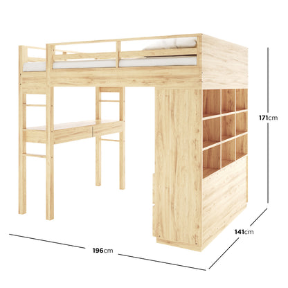 Gio Double Wooden Storage Loft Bed with Desk in Natural, featuring a top bunk with guardrail, integrated ladder, built-in desk, and a side shelving unit with open cubbies for storage.
