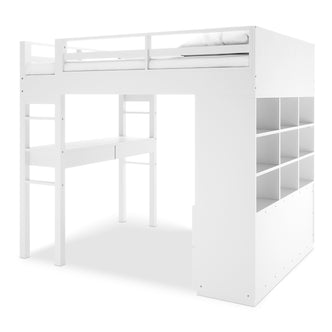 Gio Double Wooden Storage Loft Bed with Desk in White features a sleek design with an upper single mattress, integrated desk with drawers, and cubby-style shelving beneath, ideal for maximizing small spaces.