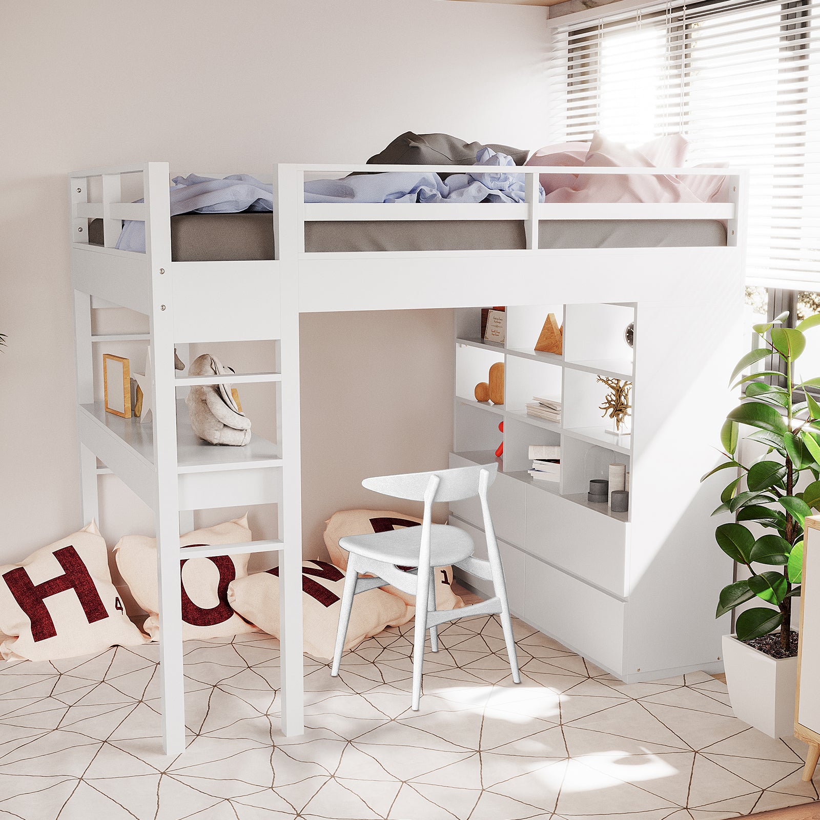 Gio Double Wooden Storage Loft Bed with Desk in White featuring a raised bed with ladder, under-bed shelving and workspace, rumpled sheets, geometric rug, floor cushions, and a potted plant by a sunlit window.