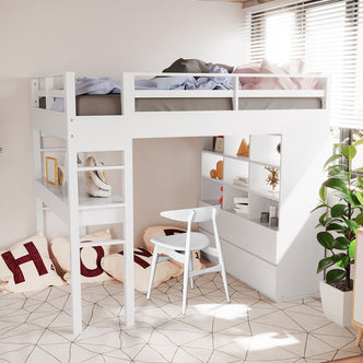 Gio Double Wooden Storage Loft Bed with Desk in White featuring a raised bed with ladder, under-bed shelving and workspace, rumpled sheets, geometric rug, floor cushions, and a potted plant by a sunlit window.
