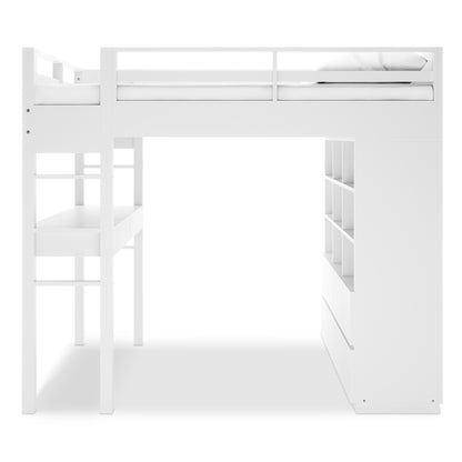 Gio Double Wooden Storage Loft Bed with Desk in White features a top sleeping platform with guardrails and ladder, built-in desk, open cubby shelves, and drawers, all in a cohesive unit.