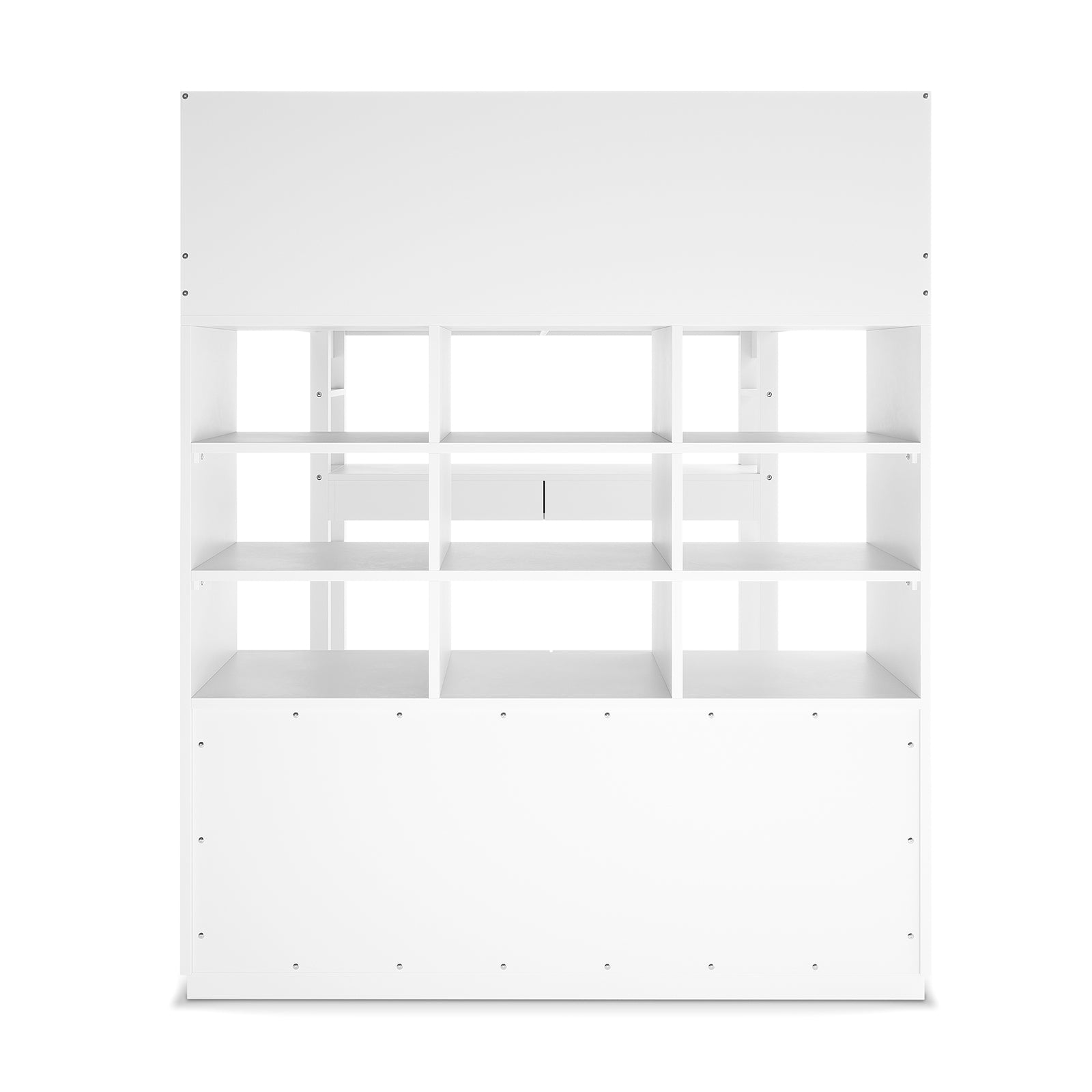 Gio Double Wooden Storage Loft Bed with Desk in White, featuring a white freestanding shelving cabinet with nine open cubby-style shelves, perfect for organized storage and efficient space utilization.