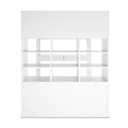 Gio Double Wooden Storage Loft Bed with Desk in White, featuring a white freestanding shelving cabinet with nine open cubby-style shelves, perfect for organized storage and efficient space utilization.