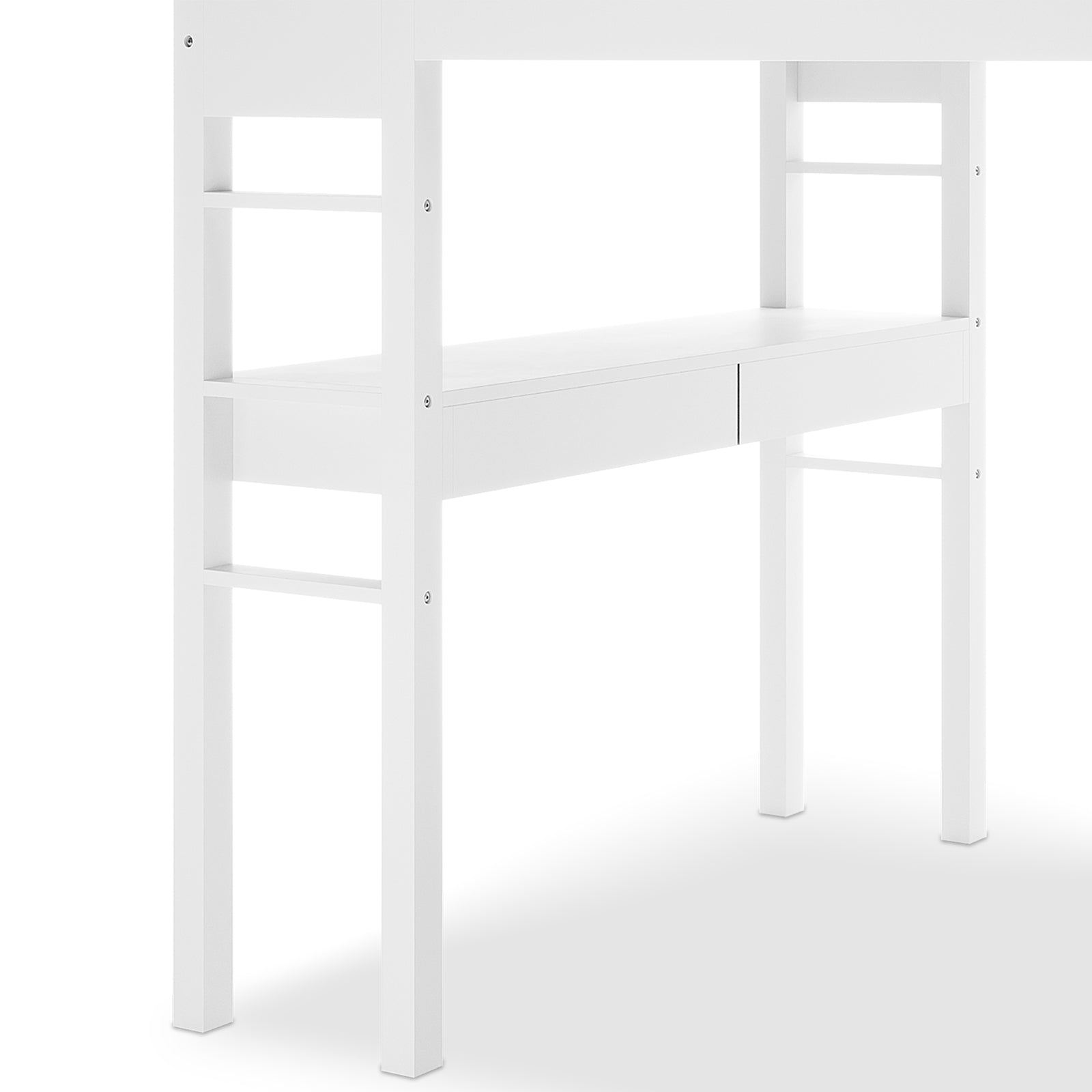 Gio Double Wooden Storage Loft Bed with Desk in White, featuring a ladder-like design with four square legs, a desk with two drawers, and open side supports for efficient space utilization.