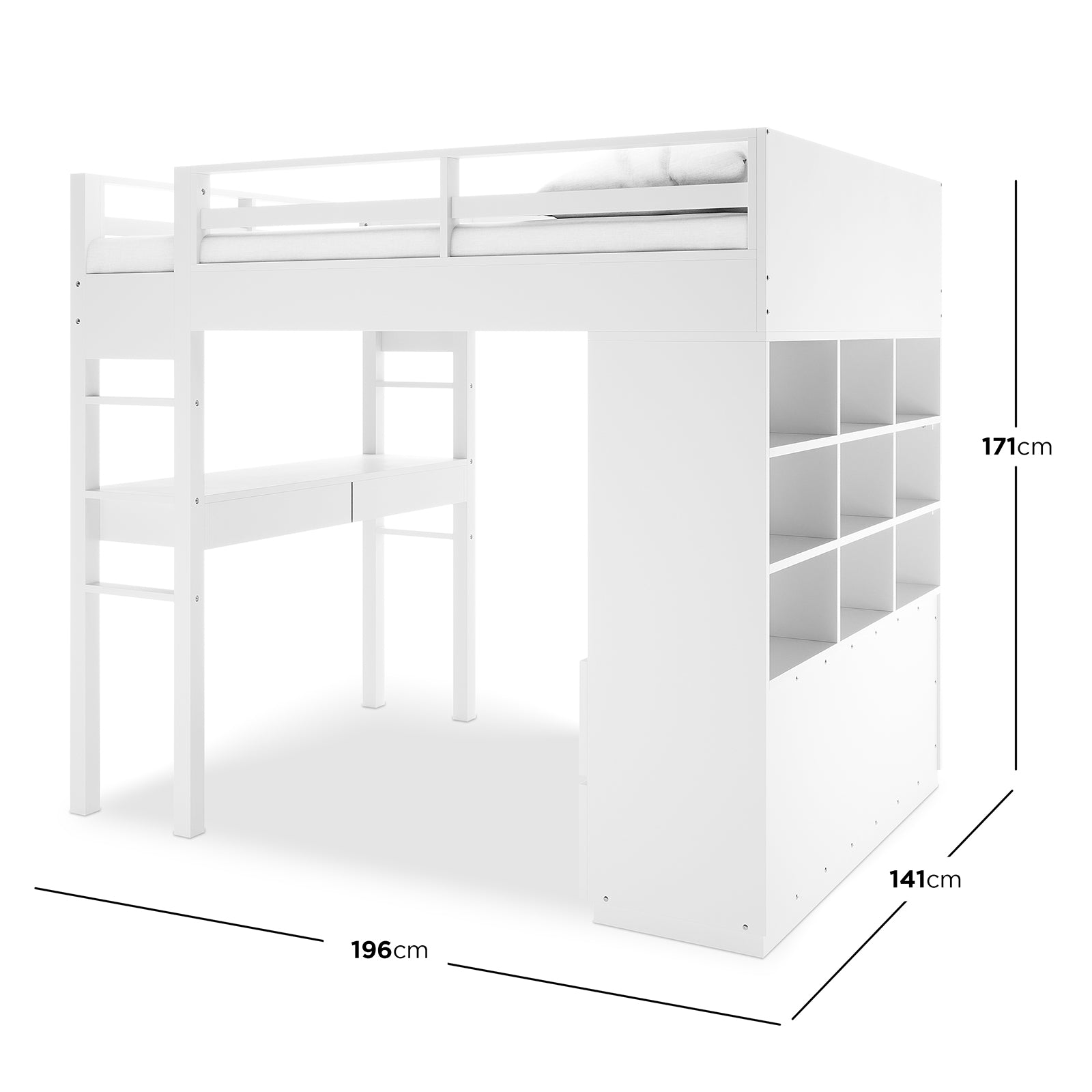Gio Loft Bed with Cabinet and Desk - White