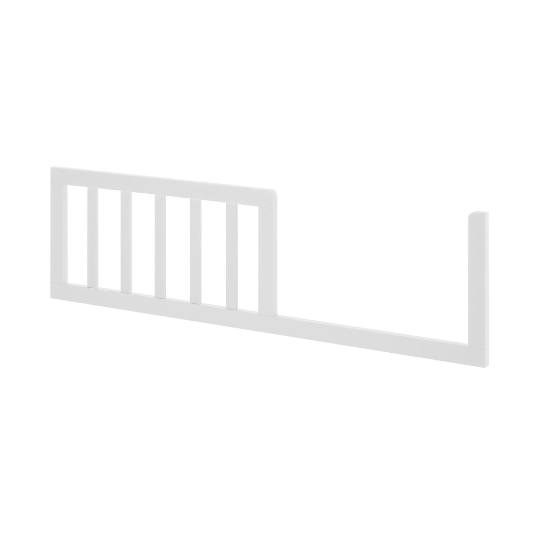 Giro Solid Pine Toddler Bed Rail Kit – White features a low, white safety rail with vertical slats and mounting posts, designed for secure attachment to toddler beds to prevent rolling out.
