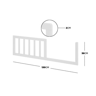 Giro Solid Pine Toddler Bed Rail Kit - White, features a sturdy, 130 cm long, 36 cm tall white safety side-rail with a 2 cm profile, ensuring a secure transition to a toddler bed.