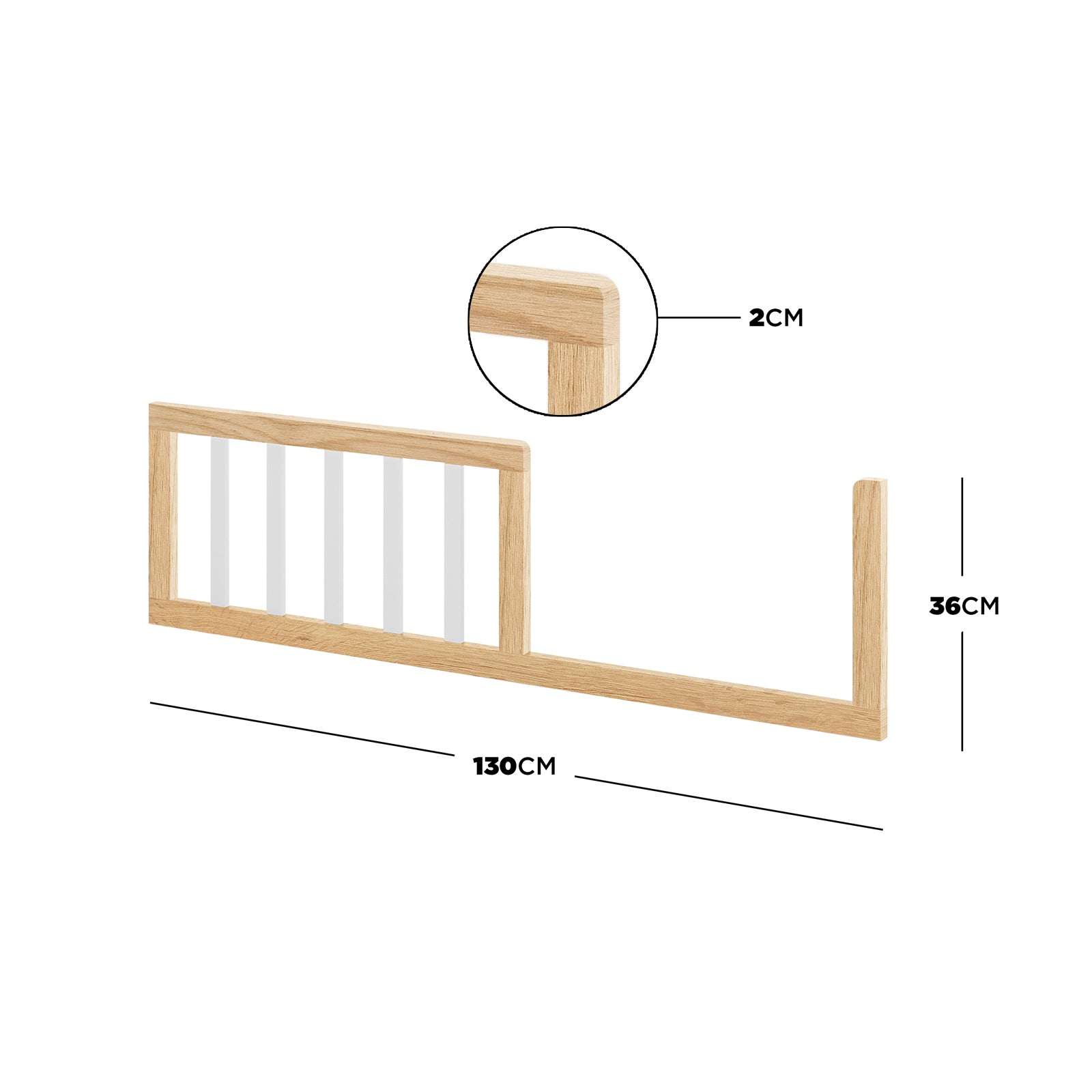 Giro Solid Pine Toddler Bed Rail Kit White Natural, featuring a wooden frame with white vertical slats, measures 130 cm long, 36 cm high, and 2 cm thick, ensuring toddler safety.
