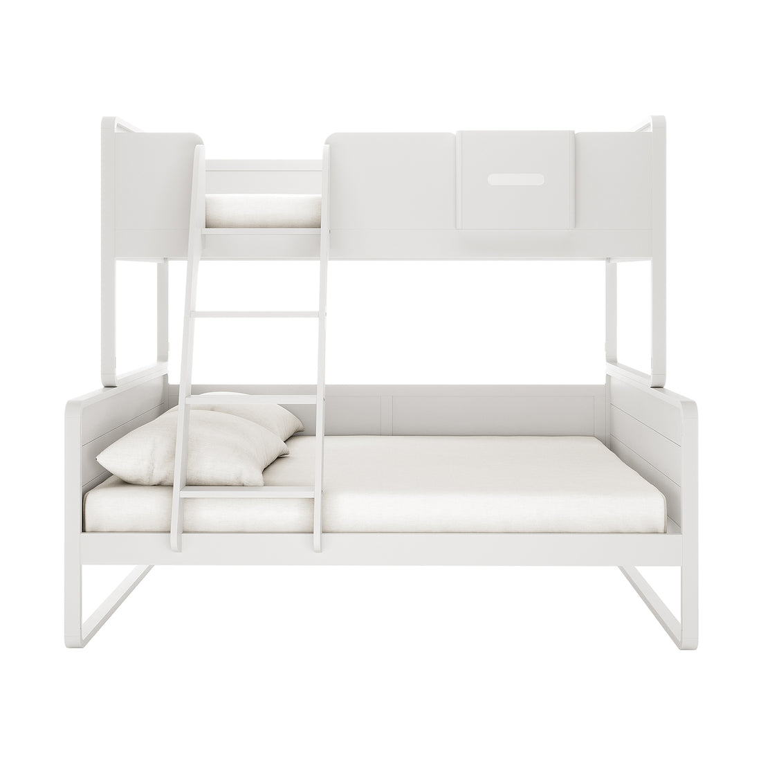 Glauca Solid Pine Wood 2-in-1 Triple Bunk Bed in White, featuring a minimalist design with a larger lower bed, smaller upper bunk, central ladder, and guardrails, showcasing space-saving versatility and safety.