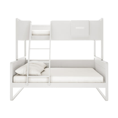 Glauca Solid Pine Wood 2-in-1 Triple Bunk Bed in White, featuring a minimalist design with a larger lower bed, smaller upper bunk, central ladder, and guardrails, showcasing space-saving versatility and safety.