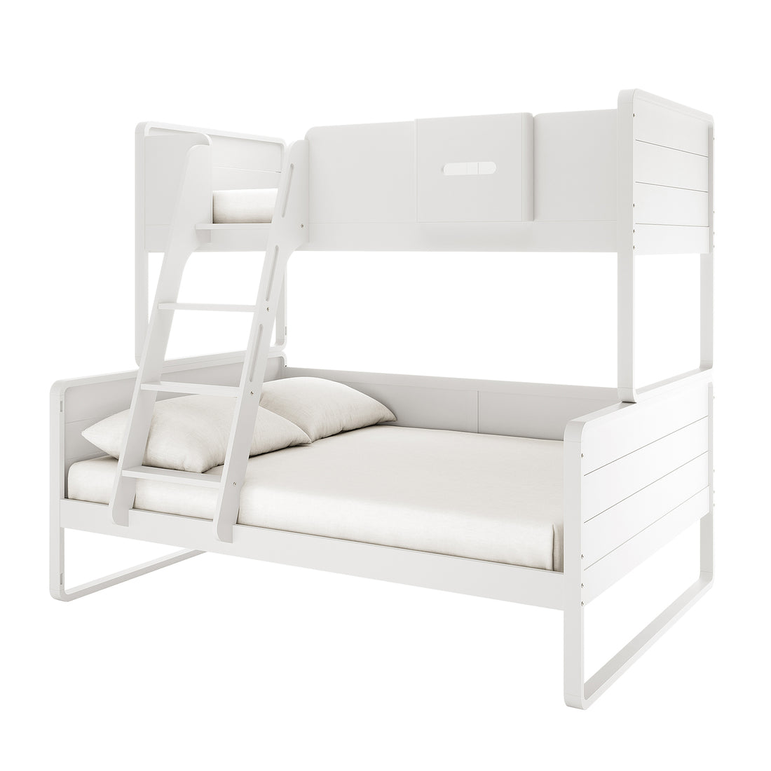Glauca Solid Pine Wood 2-in-1 Triple Bunk Bed in White features a sleek design with a larger lower bed, smaller upper bunk with guardrails, and an angled ladder for easy access.