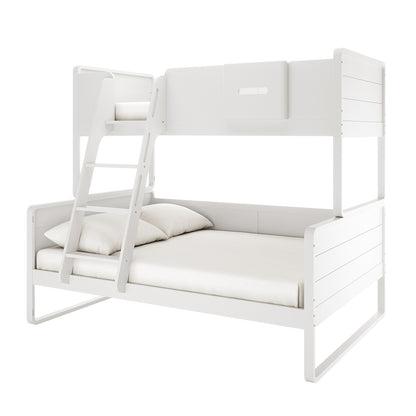 Glauca Solid Pine Wood 2-in-1 Triple Bunk Bed in White features a sleek design with a larger lower bed, smaller upper bunk with guardrails, and an angled ladder for easy access.