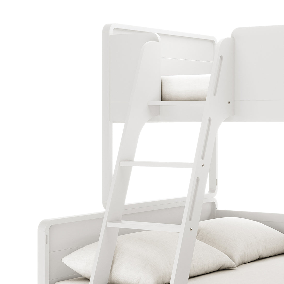Close-up of Glauca Solid Pine Wood 2-in-1 Triple Bunk Bed in White, highlighting the adjustable ladder to the top bunk, part of the lower mattress, and pillows within a minimalist design.