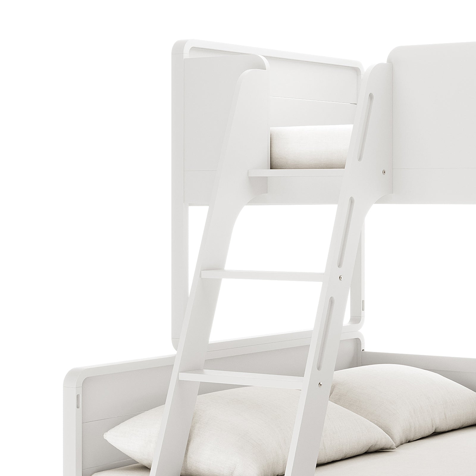 Close-up of Glauca Solid Pine Wood 2-in-1 Triple Bunk Bed in White, highlighting the adjustable ladder to the top bunk, part of the lower mattress, and pillows within a minimalist design.