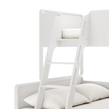 Close-up of Glauca Solid Pine Wood 2-in-1 Triple Bunk Bed in White, highlighting the adjustable ladder to the top bunk, part of the lower mattress, and pillows within a minimalist design.