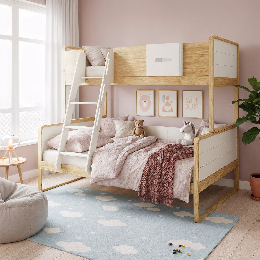 Glauca Solid Pine Wood 2-in-1 Triple Bunk Bed in White & Natural, featuring a light wood frame with white panels, pastel pink bedding, and plush toys, under soft lighting in a children's room.