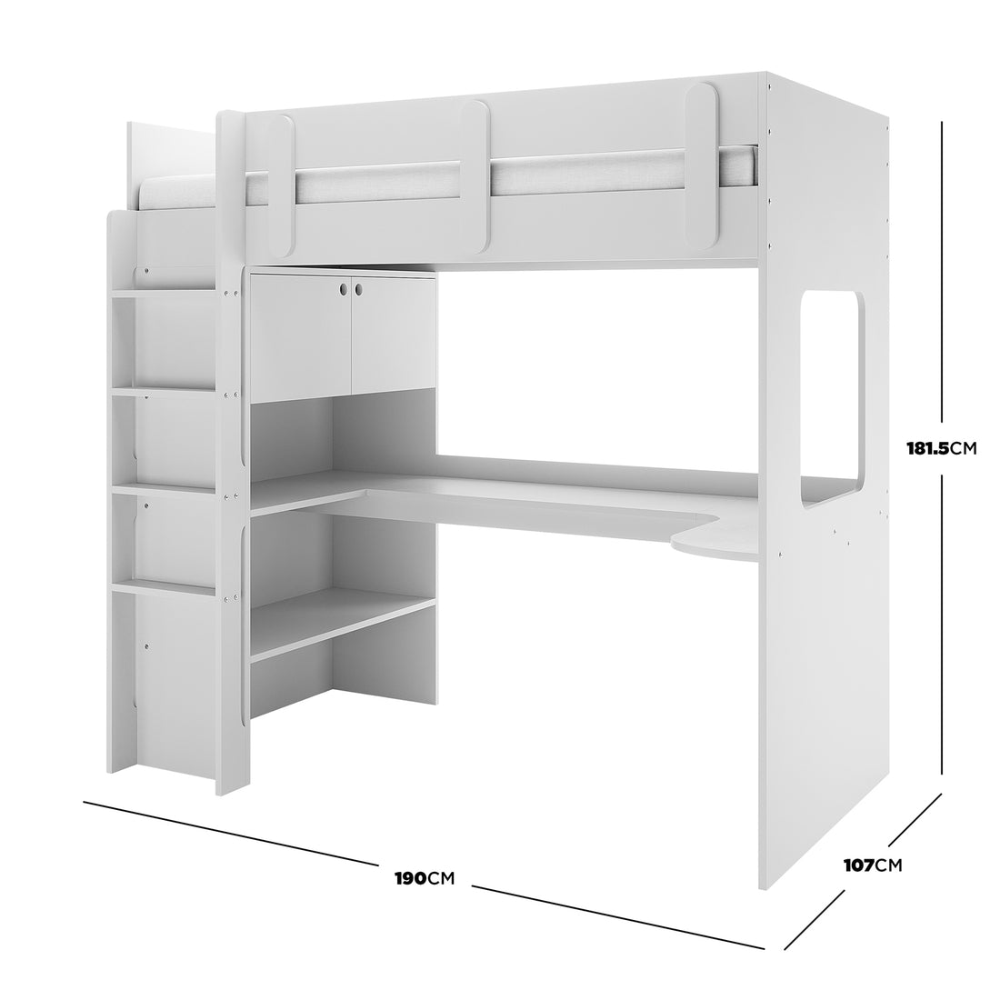 Hann Kids Single Loft Bed Desk Storage in White features a raised bed with guardrails, a left-side ladder, an L-shaped desk below, and built-in shelving and cabinet for organized space-saving.