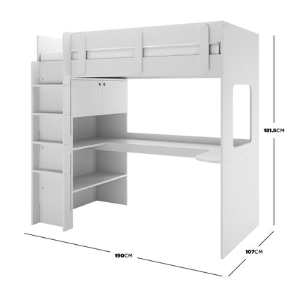 Hann Kids Single Loft Bed Desk Storage in White features a raised bed with guardrails, a left-side ladder, an L-shaped desk below, and built-in shelving and cabinet for organized space-saving.