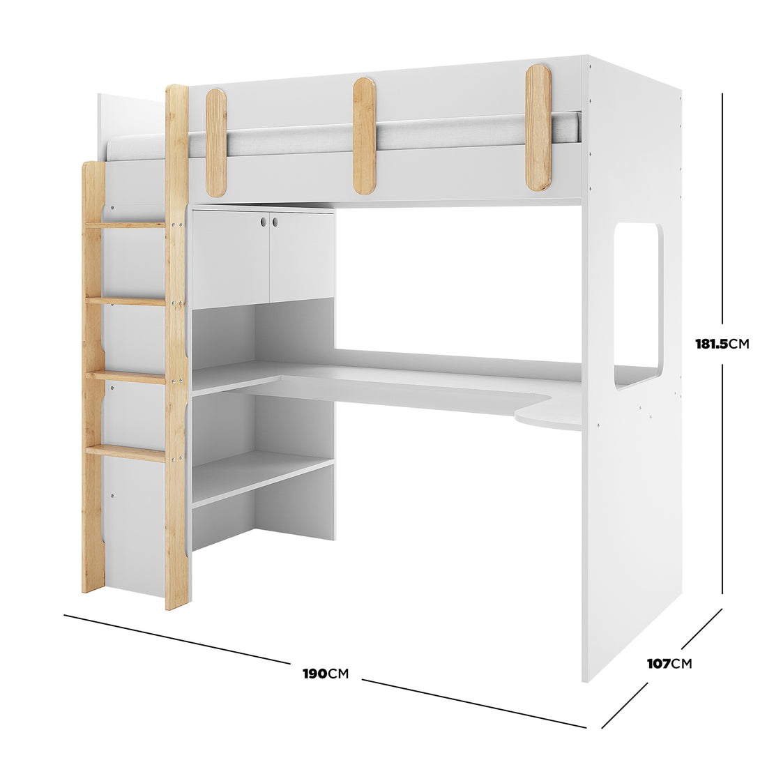 Hann Kids Single Loft Bed Desk Storage in White and Natural, featuring a loft bed with a side ladder, upper guard rails, an L-shaped desk, open shelves, and a cupboard underneath.