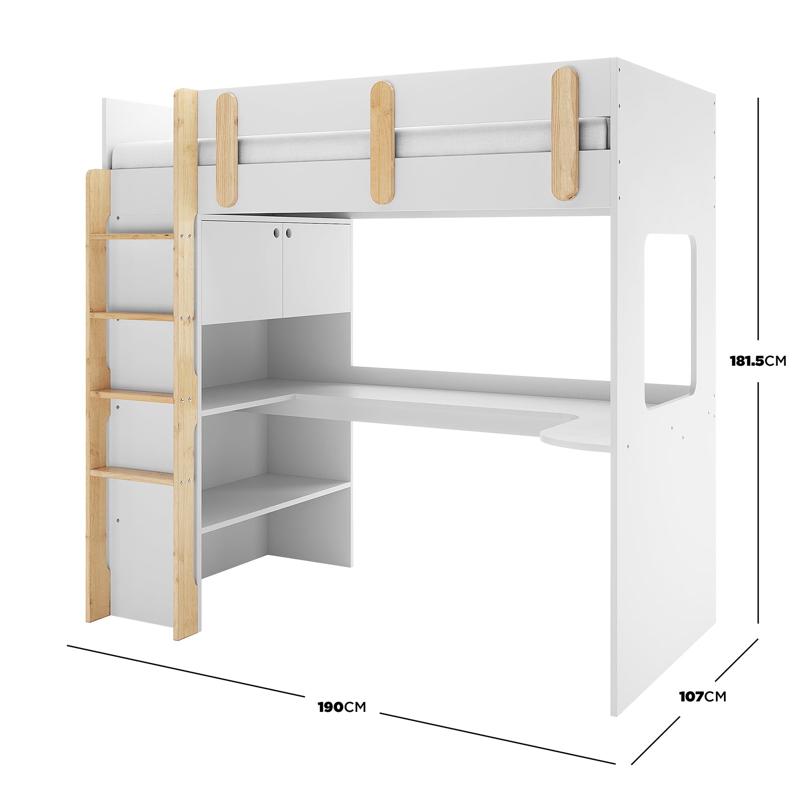 Hann Kids Single Loft Bed Desk Storage in White and Natural, featuring a loft bed with a side ladder, upper guard rails, an L-shaped desk, open shelves, and a cupboard underneath.