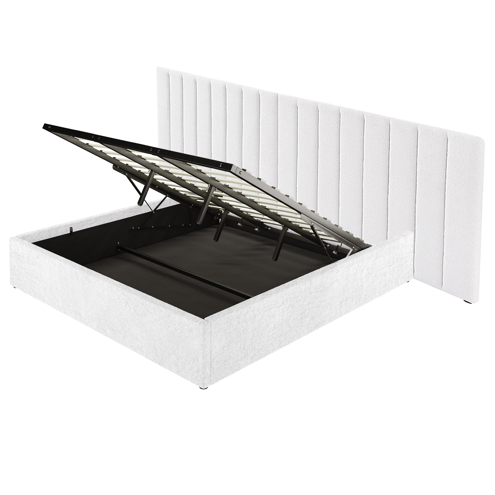 Aquila & Fabia Bed Package - Cream White King features a white upholstered ottoman bed with a tall channel-stitched headboard and a lifted slatted metal frame revealing a spacious storage compartment.