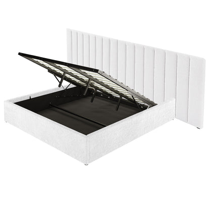 Aquila & Fabia Bed Package - Cream White King features a white upholstered ottoman bed with a tall channel-stitched headboard and a lifted slatted metal frame revealing a spacious storage compartment.