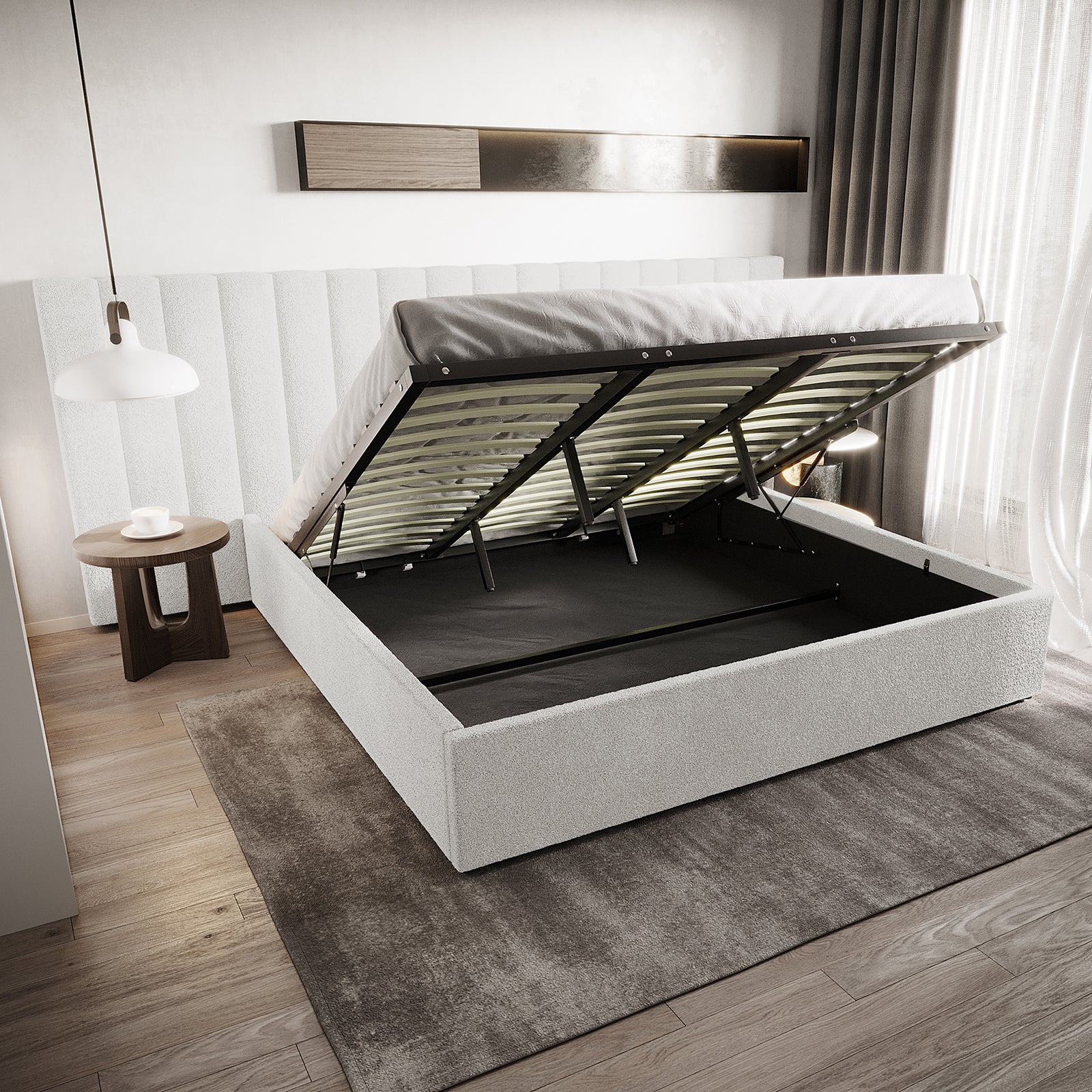 Aquila & Fabia Bed Package - Cream White King: Upholstered storage bed with gas-lift hinges, revealing large storage. Features wide headboard, wooden slats, light rug, round side table, and pendant lamp.