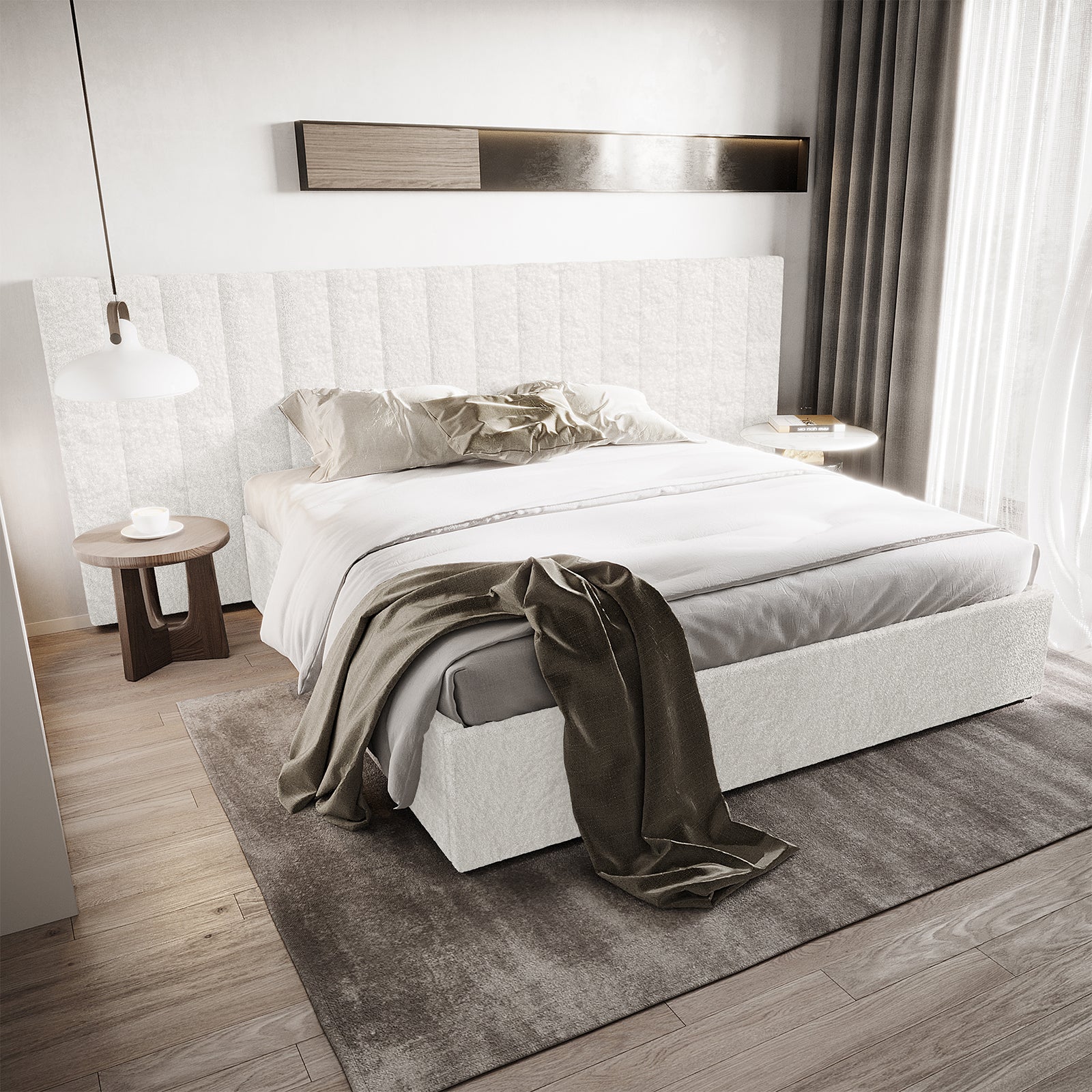 Aquila & Fabia Bed Package - Cream White King features a textured, extra-wide headboard and upholstered bed on a taupe rug, with light linens and a charcoal-grey throw.