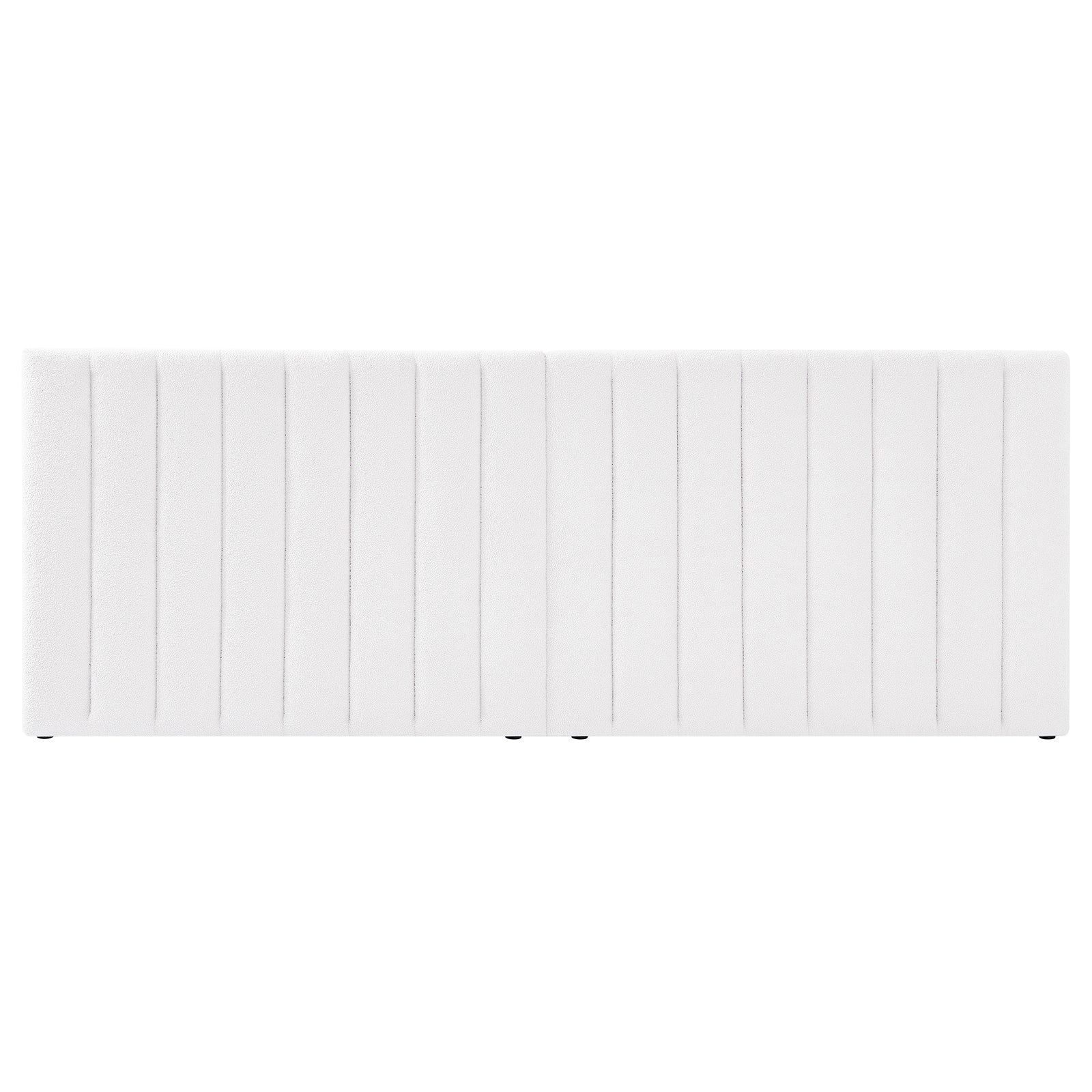 Aquila & Fabia Bed Package - Cream White King features a channel-tufted, white bouclé upholstered headboard with vertical seams, resting on small feet, ideal for a luxurious bedroom setup.