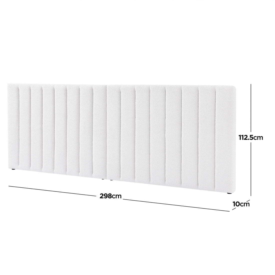 Aquila & Fabia Bed Package - Cream White King features an extra-wide, vertically channel-stitched headboard in soft boucle fabric, measuring 298 cm wide and 112.5 cm tall, ideal for luxury bedrooms.
