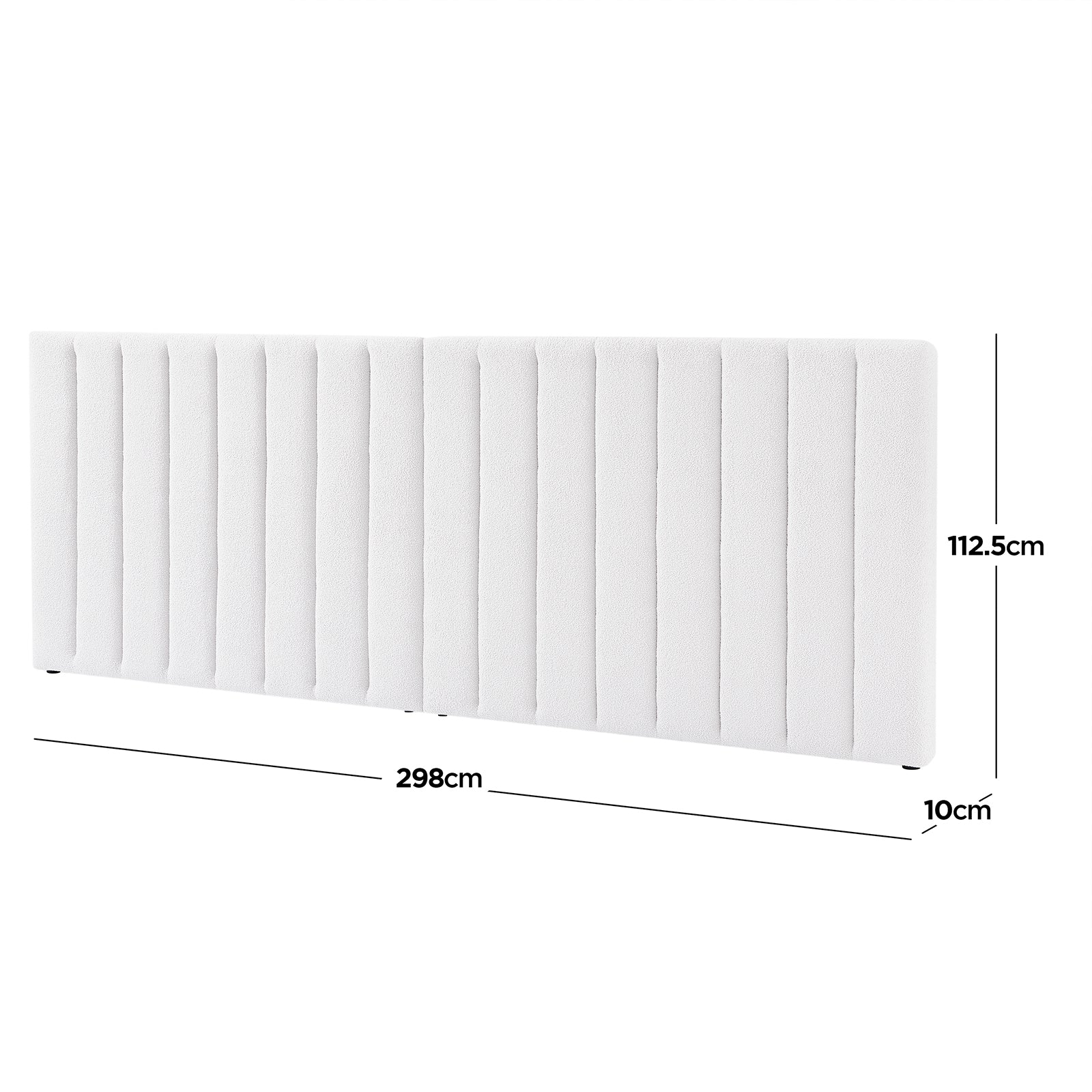 Aquila & Fabia Bed Package - Cream White King features an extra-wide, vertically channel-stitched headboard in soft boucle fabric, measuring 298 cm wide and 112.5 cm tall, ideal for luxury bedrooms.